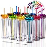 STRATA CUPS 12 Colored Skinny Tumblers with Lids and Straws | 16oz Reusable Cup Double-Wall Clear Tumbler with Lid and Straw, Durable Acrylic Tumblers With FREE Straw Cleaner & Name Tags