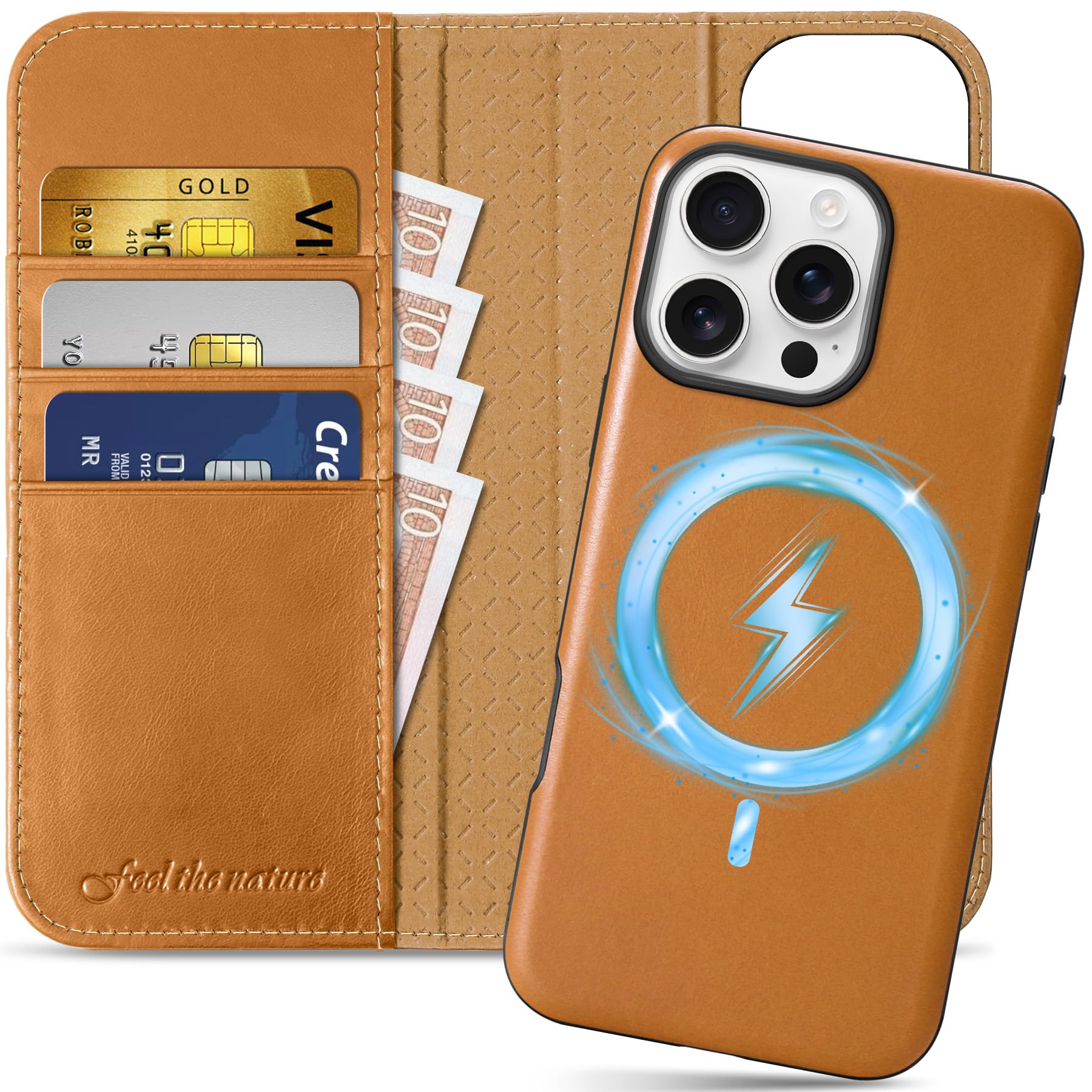 SHIELDON Wallet Case for iPhone 16 Pro Max, Genuine Leather Magnetic Removable Flip Folio [Kickstand][RFID Blocking][Card Slots] Shockproof Cover Compatible with iPhone 16 Pro Max - Retro Light Brown