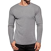 Ekouaer Men's Long Sleeve Shirts Ribbed Pullover Tees Sim Fit Thermal Tops Crew Neck Stretchy Undershirts S-3XL