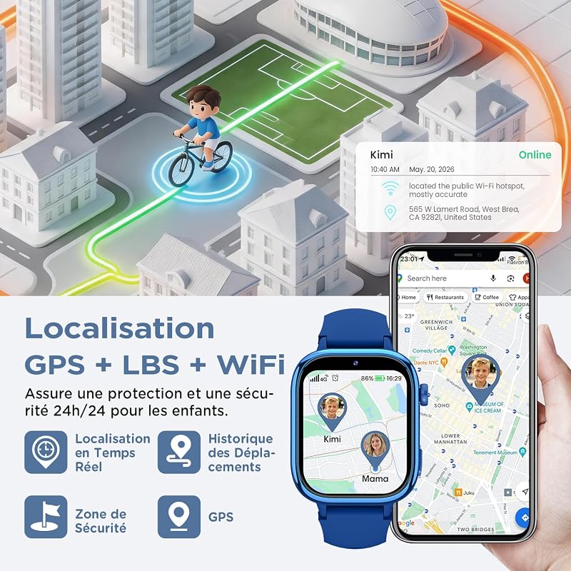 Montre Connectée Enfant AVCE GPS/Appels Vidéo/Téléphone/SOS, Bleu