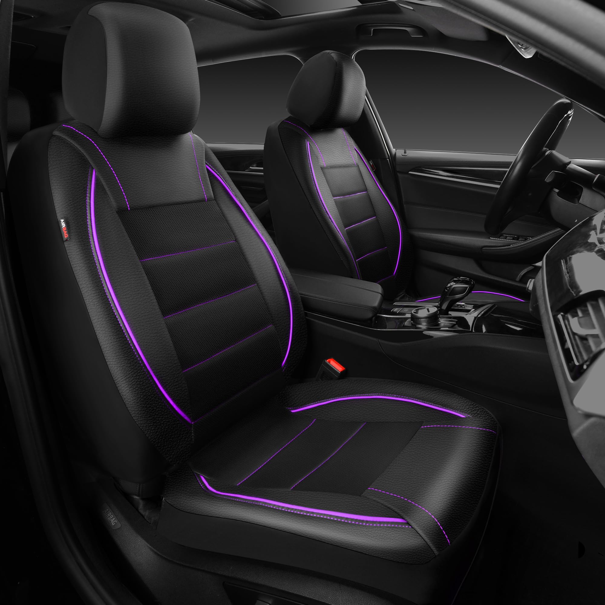 Photo 1 of CAR PASS Universal FIT Piping Leather Two Front Seat Covers, Waterproof Faux Leather for SUV Sedan Van Truck, Airbag Compatible,Reserved Opening Holes for Headrest Covers(Black and Purple)
