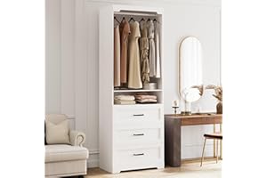 IRONCK Freestanding Closet System with 3 Wood Drawers, Modern Armoire Wardrobe with Adjustable Shelves & Hanging Rod, Walk-in Closet Systems Organizer for Small Closet, White