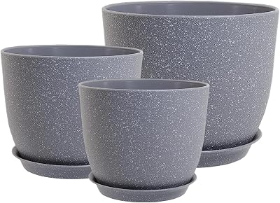 PROFIKLA Plastic Plant Pots Set of 3 Grey Speckles 16cm 18cm 20cm with Saucers