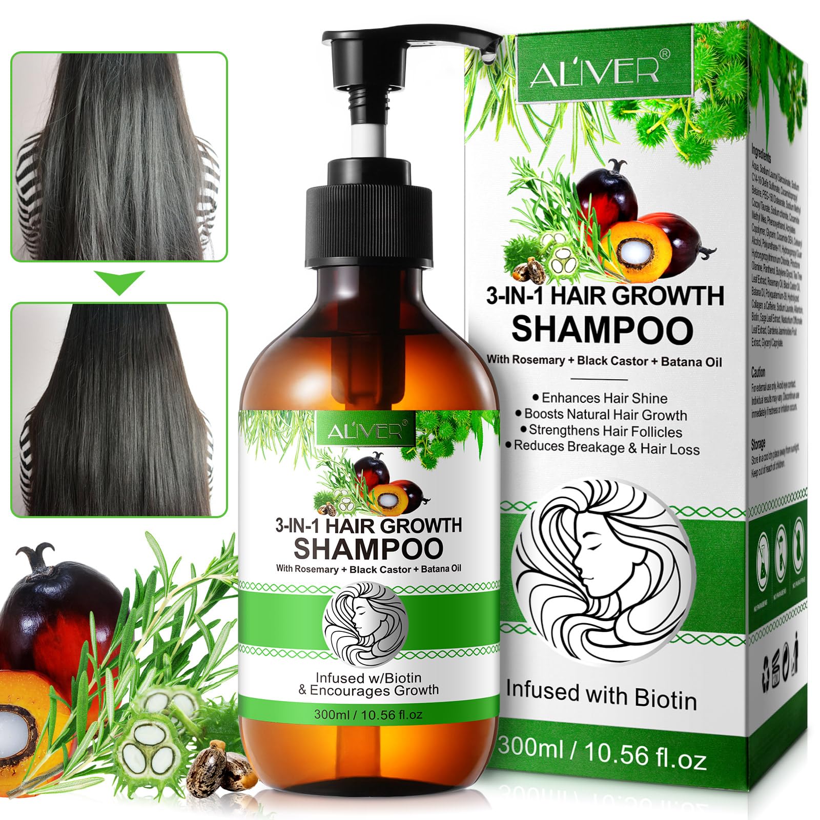 3 in 1 Rosemary Shampoo for Hair Growth, Organic Hair Growth Shampoo with Rosemary oil, Castor and Batana Oil, Biotin rosemary shampoo Against Hair Loss, Gentle Cleansing, Nourishes Scalp, 300ml