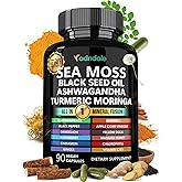 Adndale Sea Moss Black Seed Oil Ashwagandha Ginger Capsules. SeaMoss Capsules with Black Seed Oil, Ashwagandha, Turmeric, Moringa, Bladderwrack, Burdock Root, Manuka Honey, Cinnamon