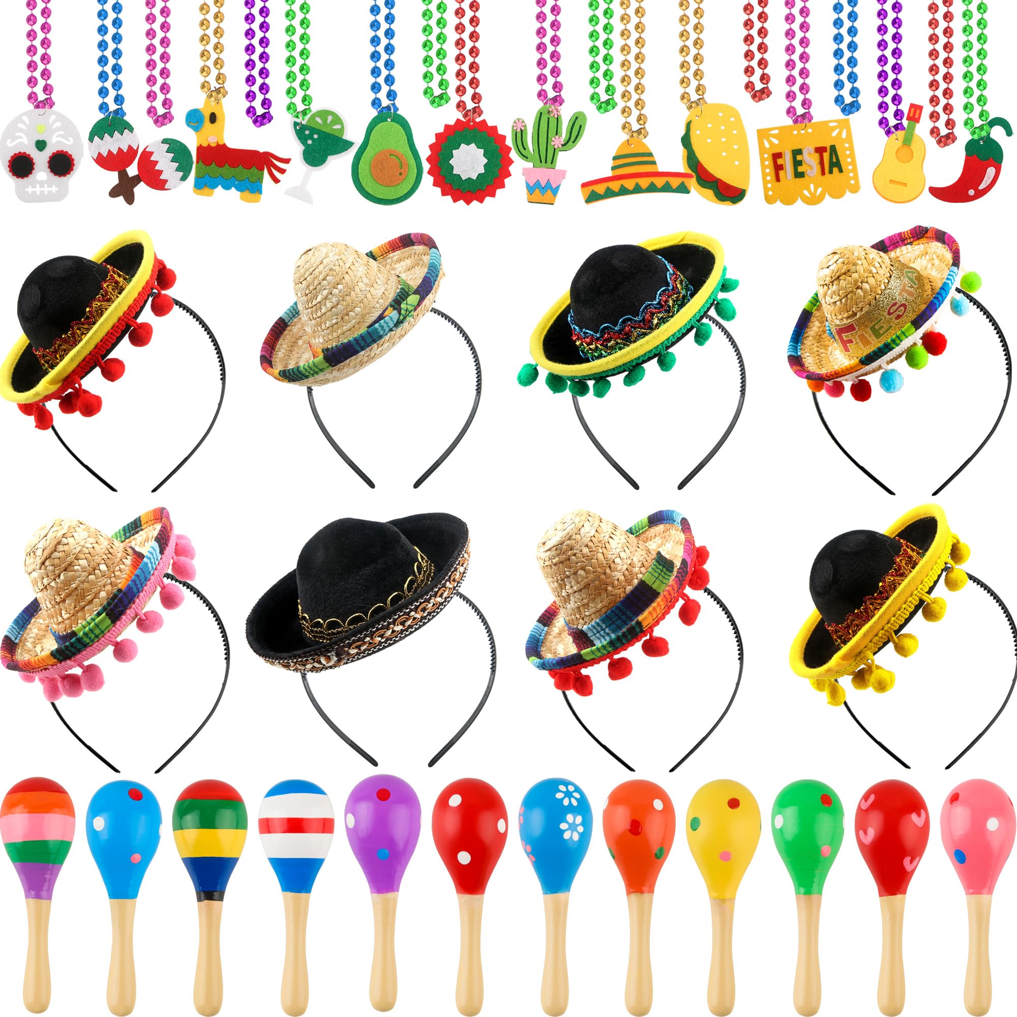 Sonarun 38 Pcs Cinco De Mayo Fiesta Party Favors Includes Mini Fabric Straw Fiesta Sombrero Headband Mexican Hat 12 Pcs Mini Wooden Maracas 18 Pcs Fiesta Necklaces for Mexican Party Decor