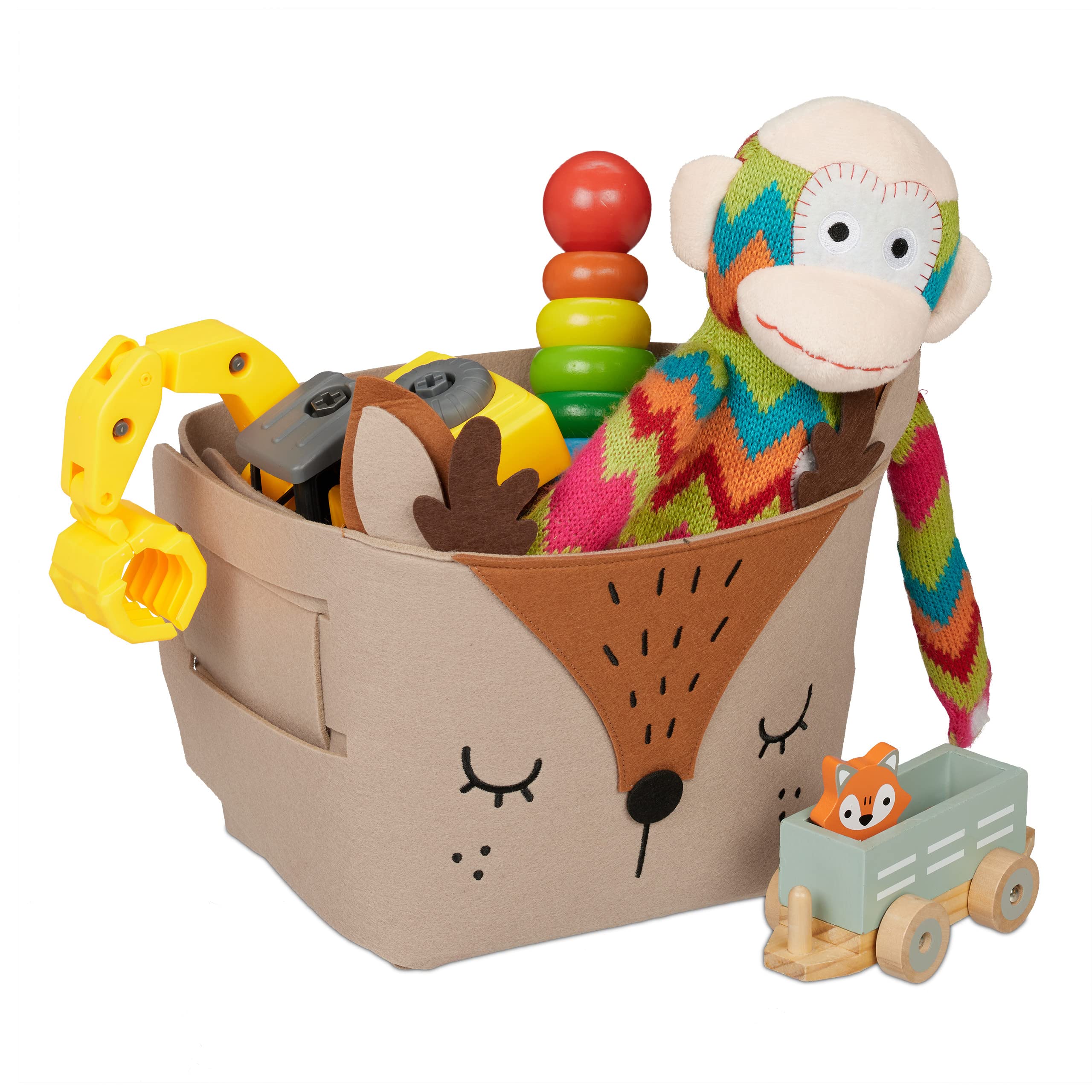Relaxdays Felt Storage Basket, Animal Motif, Children, Foldable, HxWxD: 24 x 27 x 18 cm, Toys, Deer Design, Brown, 24x27x18 cm