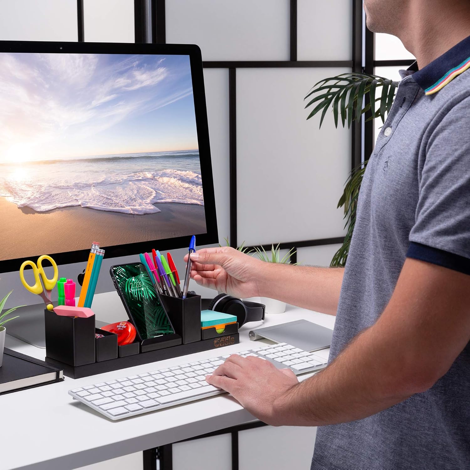 Desk Organizer with Adjustable Pen Holder, Pencil Cup, Phone Stand, Sticky Note Tray, Paperclip Storage, and Office Accessories Caddy, Desktop Organization for Cubicle or Home Office, Black : Office Products