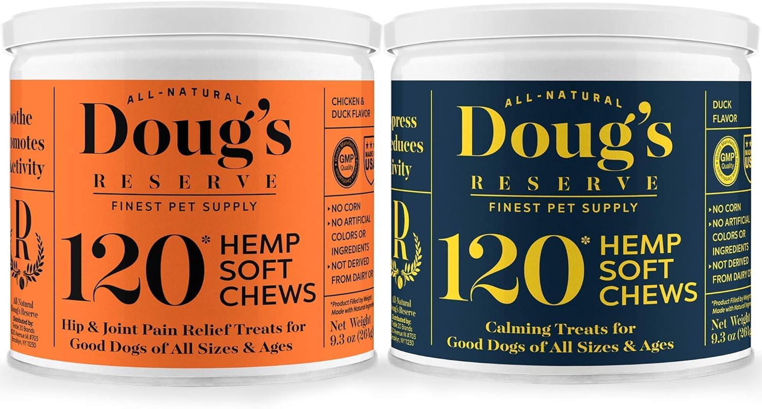 DOUG'S RESERVE Hemp Chews for Dogs Bundle for Stress & Pain Relief - Hip and Joint Supplement with Glucosamine - Soft Treats for Anxiety & Stress Relief - 120 Count, Made in USA