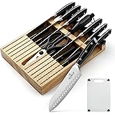 Knife Set with Block, N NOBLE FAMILY 16Pcs Kitchen Knives Drawer Organizer Set with Sharpener, Cutting Board, Anti-Slip Chef Knives Set with 6Pcs Steak Knives, Black
