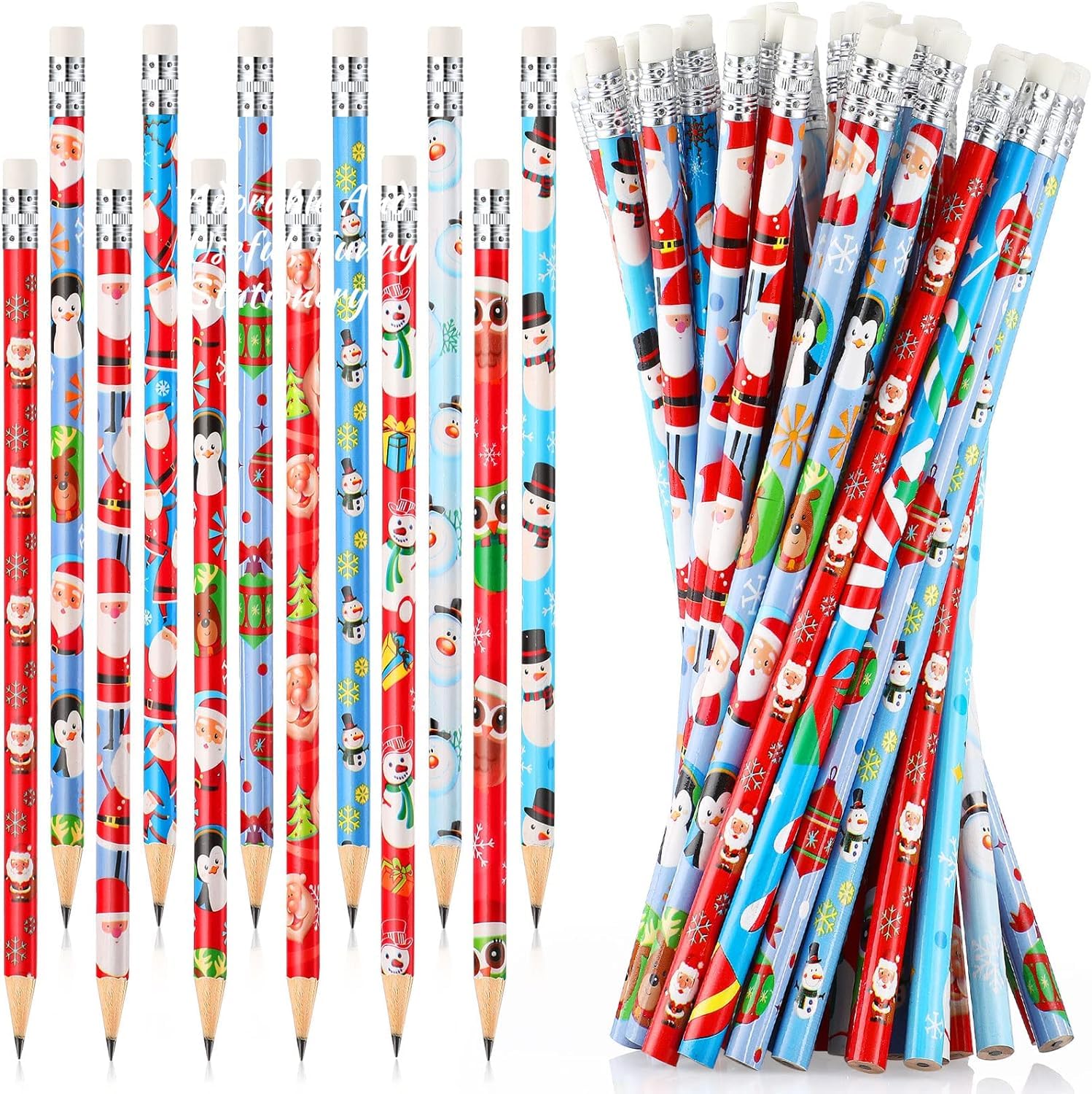 LATERN 96Pcs Christmas Pencils with Erasers, 12 Styles Cartoon Snowman Stocking Santa Claus Reindeer Christmas Tree Assort Wood Pencils for Kids Xmas Stocking Box Fillers Party Favors (19 x 0.8cm)