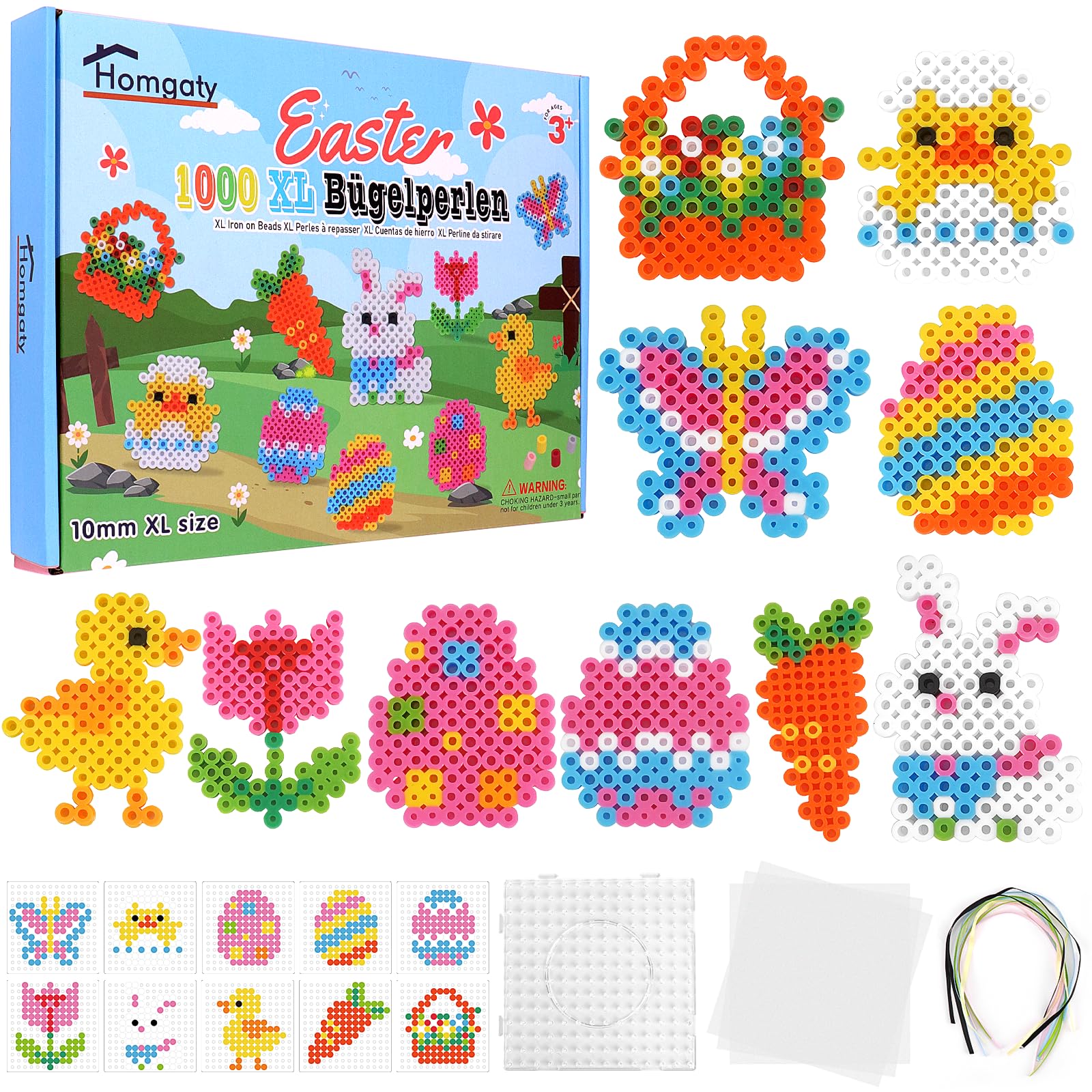 Homgaty 10MM Fuse Beads Kit, 1000 PCS XL Iron Beads with Easter Patterns & Ironing Paper, DIY Art Craft Set for Creative Decor for Teens and Adults.