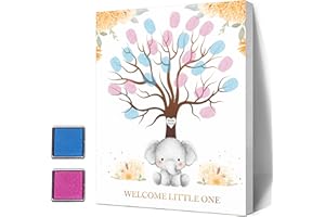 Misaidou Gender Reveal Fingerprint Tree Canvas Decoration, Gender Reveal Party, Elephant Baby Shower Guest Book Party Ideas, Baby Shower Guest Book with Ink Pad