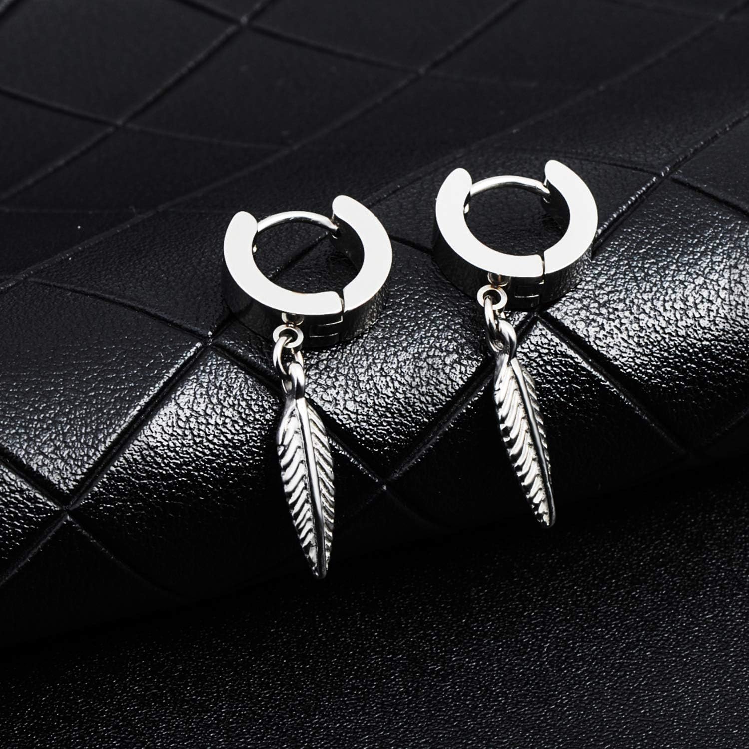 Feilok Men's Womens Vintage Stainless Steel Leaf Dangle Hinged Hoop Earrings, C - Image 4