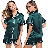 LecGee Womens Silk Satin Pajamas Short Sleeve Loungewear Two-Piece Sleepwear Button-Down Pj Set