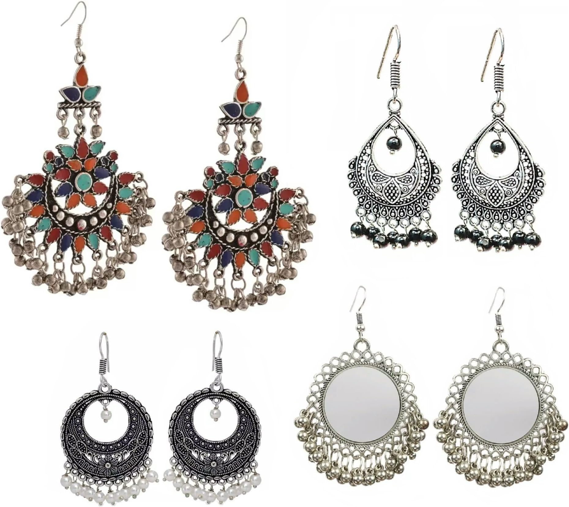 URBANELA Multicolour Oxidised Silver Dangler Earrings for Women -Set of 4
