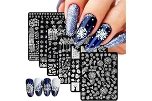 KKUUOO 6Pcs Christmas Stamping Plates Set Winter Nail Stamp Kit Xmas Nail Art Image Plates with Snowflakes Christmas Tree Bell Snowman Elk Nail Designs DIY Stainless Steel Nail Image Polish Template Kit