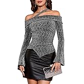 BeryLove Women Sparkly Top Off Shoulder Fitted Shirt Asymmetrical Rhinestone Party Blouse