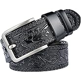 INOGIH Mens Western Floral Engraved Embossed Tooled Genuine Leather Belt - Square Buckle Casual Belt For Daily Decoration