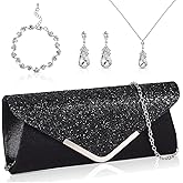 Jadive 4 Pcs Purse Rhinestone Jewelry Set Women Evening Rhinestone Clutch Purse Set Bling Necklace Earrings Bracelet for Prom Party Wedding Bride