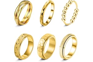 LOFITOR Fidget Rings for Anxiety 6pcs Stainless Steel Spinner Ring Anti Anxiety Ring Spinning Moon Star Cool Stress Relieveing CZ Rings for Women Men Band Rings Set