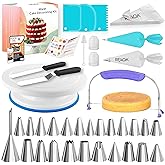 RFAQK 65 PCs Cake Decorating Kit Set with Cake Turntable-Cake leveler-24 Numbered Piping Tips with Pattern Chart & EBook- Str
