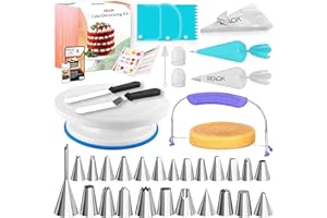 RFAQK 65 PCs Cake Decorating Kit Set with Cake Turntable-Cake leveler-24 Numbered Piping Tips with Pattern Chart & EBook- Str