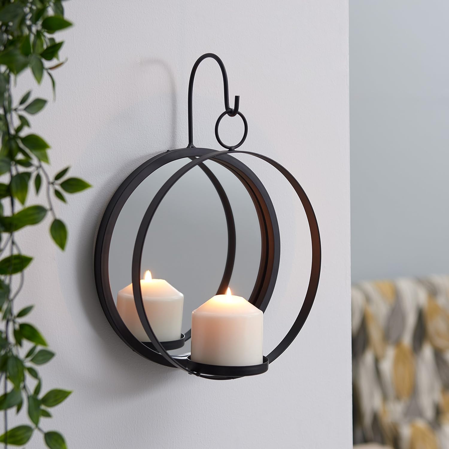 Danya B. Round Wrought Iron Pillar Candle Sconce with Mirror – A Decorative Rustic Metal Hanging Wall Candleholder: Home & Kitchen
