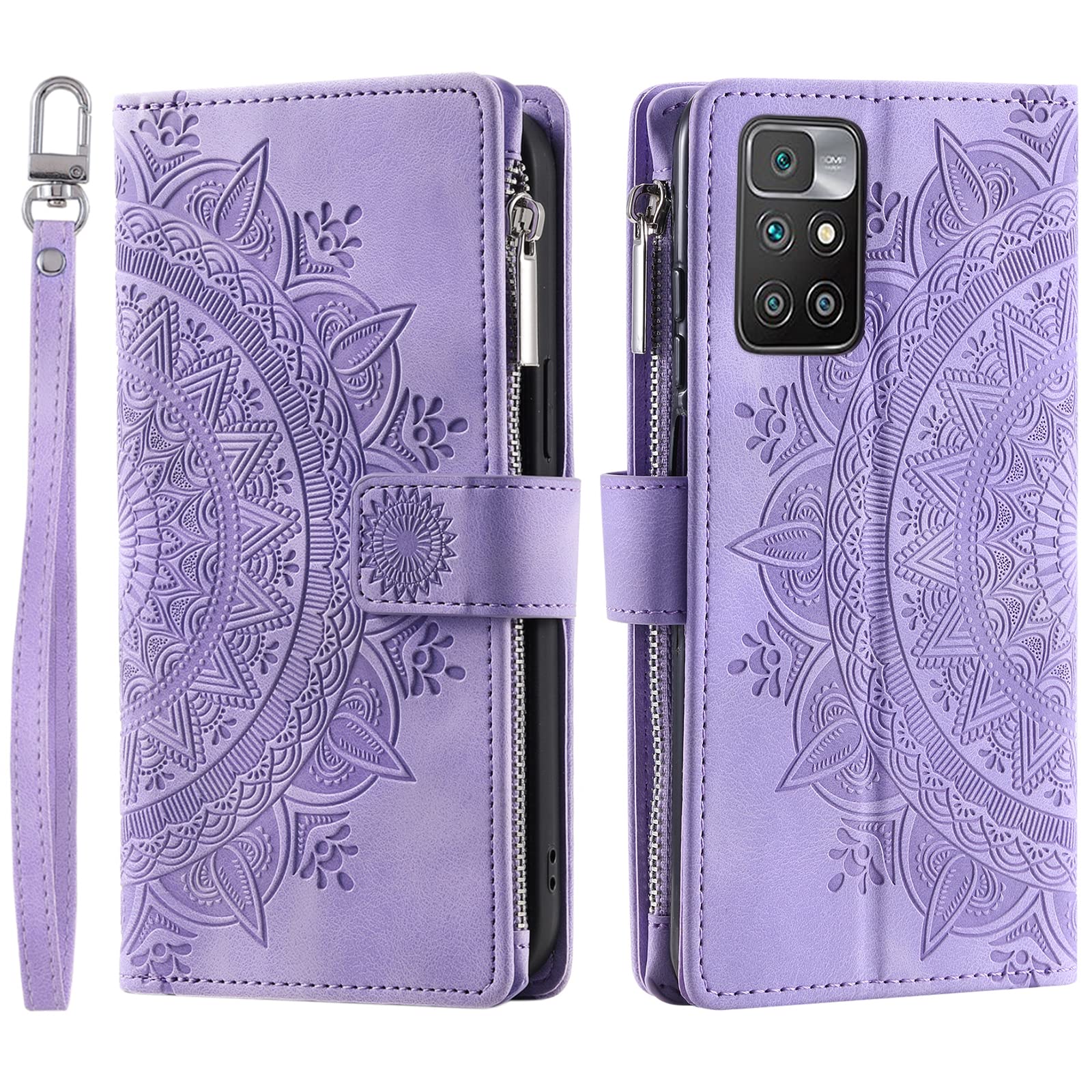 VEEMOS Wallet Case for Xiaomi Redmi 10 / Redmi 10 2022 Flower Flip Case Protective Leather Folio Book Phone Cover with Card Slots Kickstand Zipper Pocket - Purple
