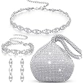 MTLEE 4 Pieces Rhinestone Necklace Choker Bracelet Earring Clutch Purses Jewelry Set Women Crystal Triangle Bling Diamond Purse Rhinestone Bag for Wedding Party