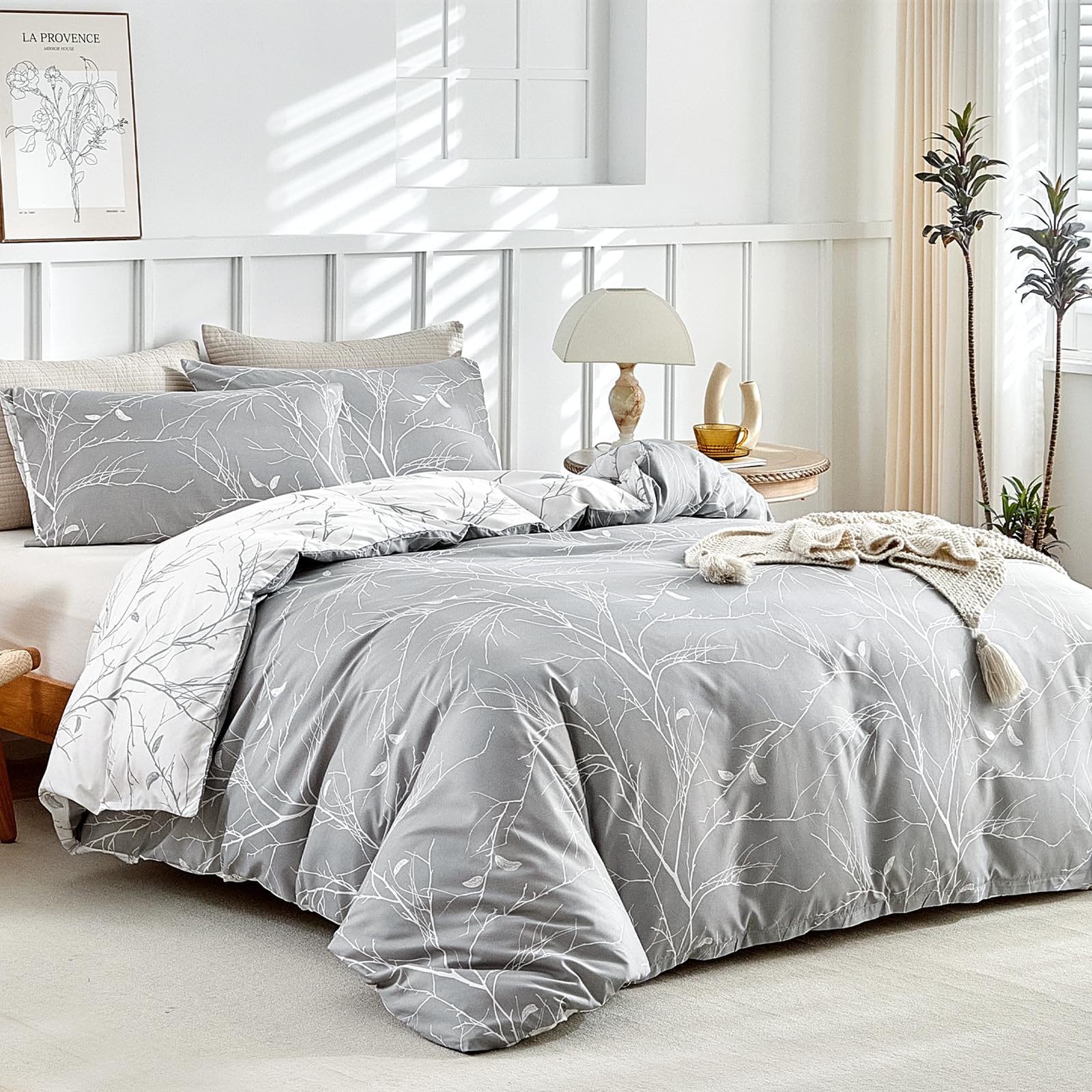Lekesky King Size Duvet Cover Sets Grey Bedding Sets 3 Piece, Botanical Branches Printed Microfiber King Duvet Set (1x Grey Duvet Cover 230x220 cm + 2x Matching Pillowcases) King Size Duvet Cover — image 1