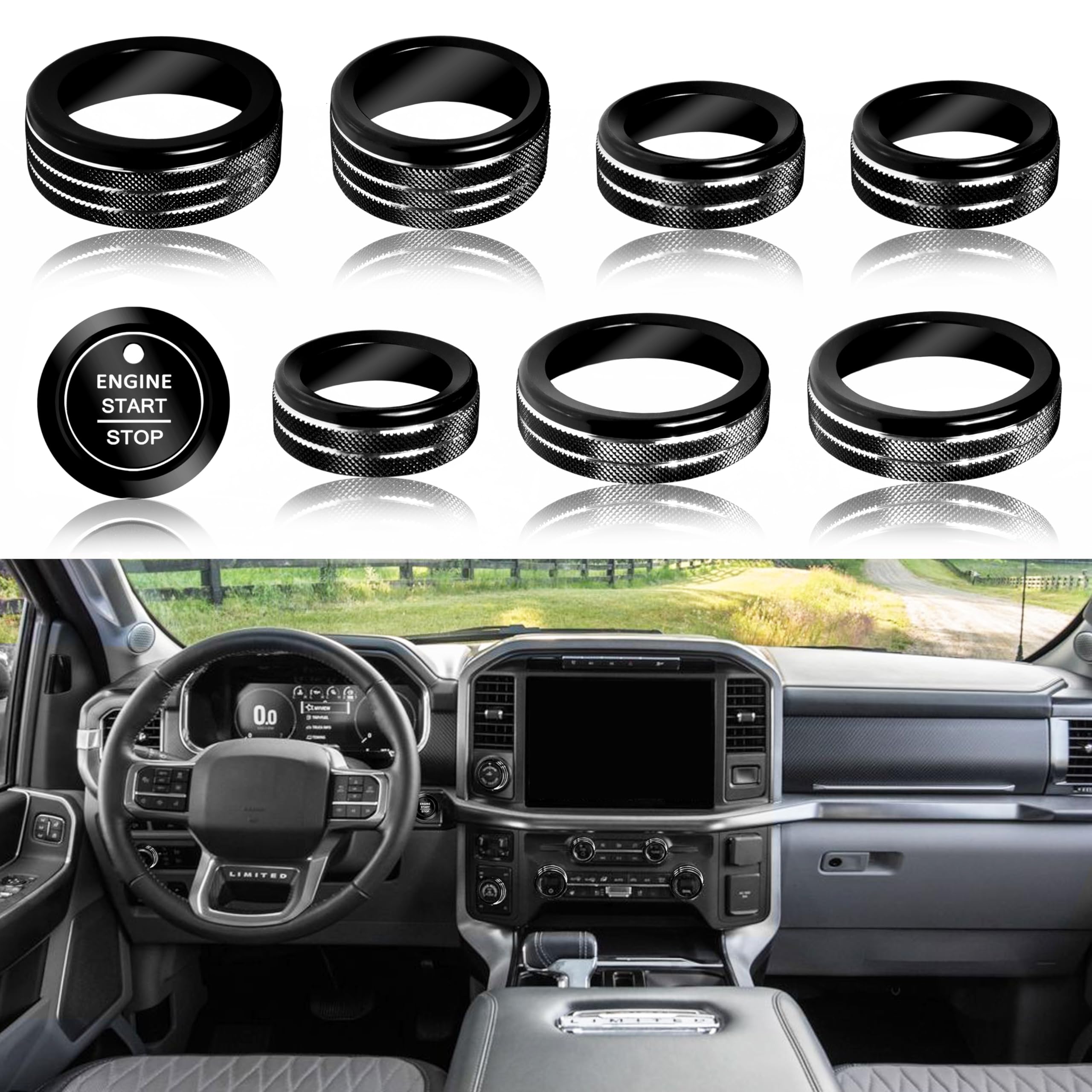 Photo 1 of for Ford F150 Accessories 2021-2024 2025/Super Duty F250 F350 F450 2023-2025 Knob Covers, AC, Volume, 4WD Drive Mode, Headlight, Pro Trailer, Push Start Stop Button Cover Outer Ring 9Pcs (Black)