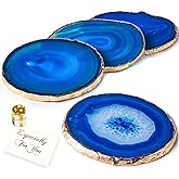Blue Agate Coasters Set of 4,Brazilian Geode Coasters for Drinks with Gold Rim(4"-3.5"),Natural Gem Stone Coasters Blue,Gemstone Cup Mat for Home Decor by Yougoals(4)