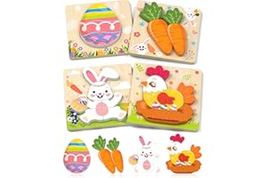 Oomloid Easter Wooden Puzzles Toddler Toys, 4 Pack Party Favors Baskets Essentials Birthday Gifts Montessori Toys Easter Basket Stuffers Puzzles for Toddlers Kids Girls Boys Age 1-3, 2-4