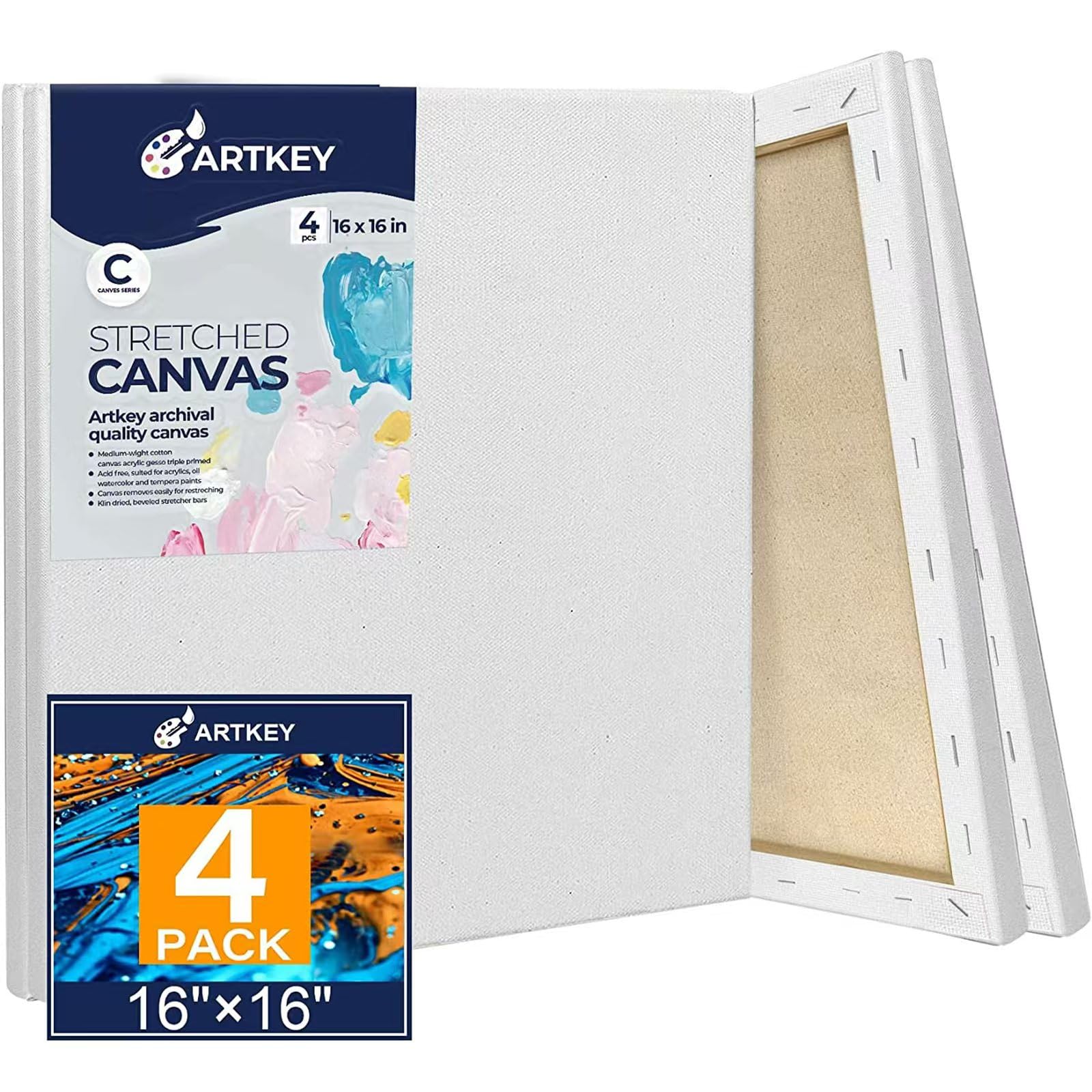 Stretched Canvas for Painting 40x40cm 4-Pack, 300 GSM Triple Primed Acid-Free 100% Cotton Framed Canvas, Square Blank Art Canvases for Acrylics Pouring Oil Watercolor Painting