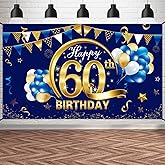 Blue 60th Happy Birthday Banner Decorations for Men, Blue Gold 60 Birthday Backdrop Party Supplies, Sixty Photo Background Sign