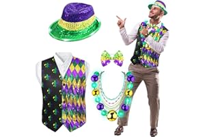 Cozypower 10 Pcs Mardi Gras Costume Set for Men Shiny Sequin Vest 30'' LED Jumbo Bead Necklace Sequin Hat Bow Tie for Party