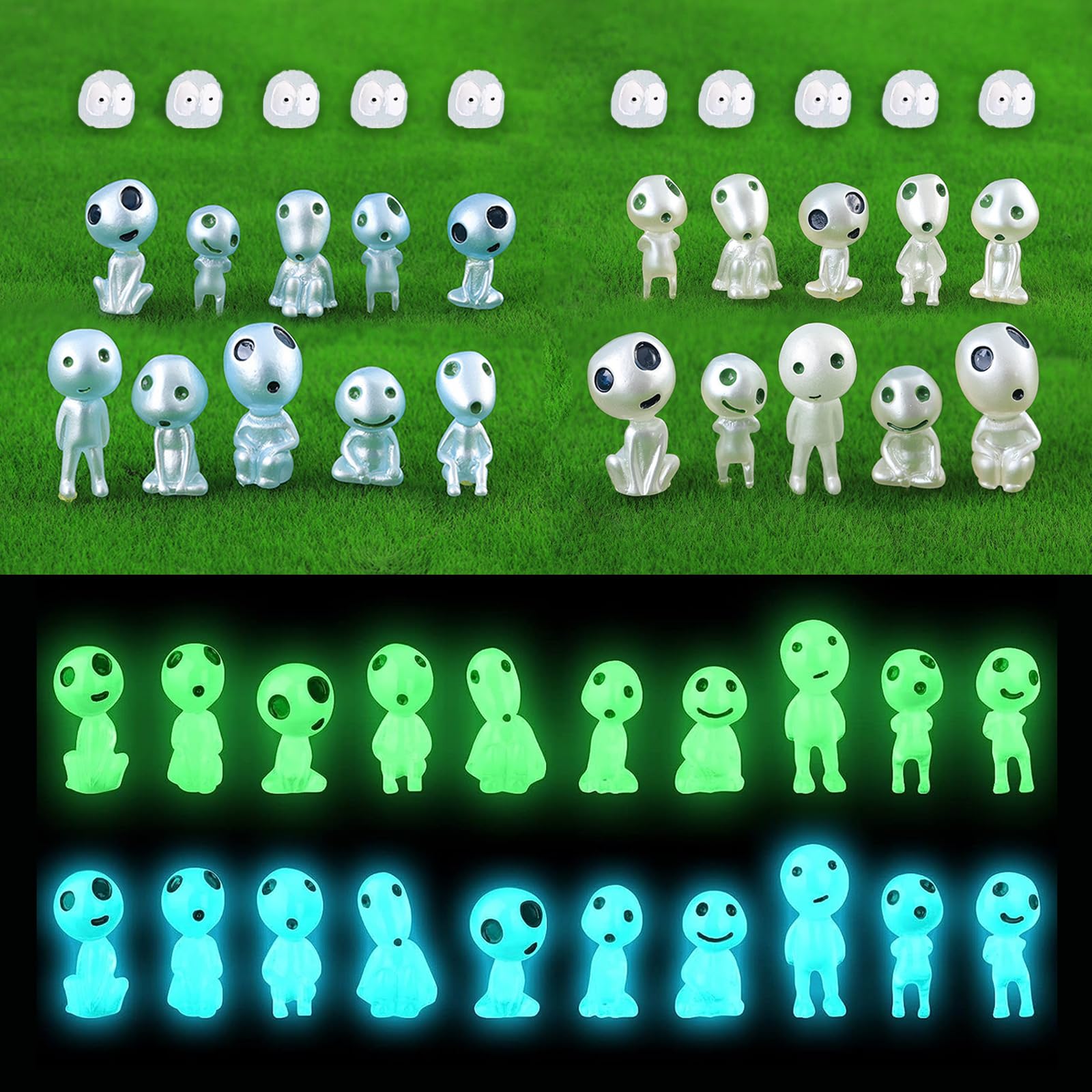 Bogoro 30 Pcs Princess Mononoke Tree Elves, Cute Little Kodama Forest Spirits Glow in the Dark, Luminous Tree Elves, Princess mononoke trea spirits, Trees Elve Statue(Blue & Green)