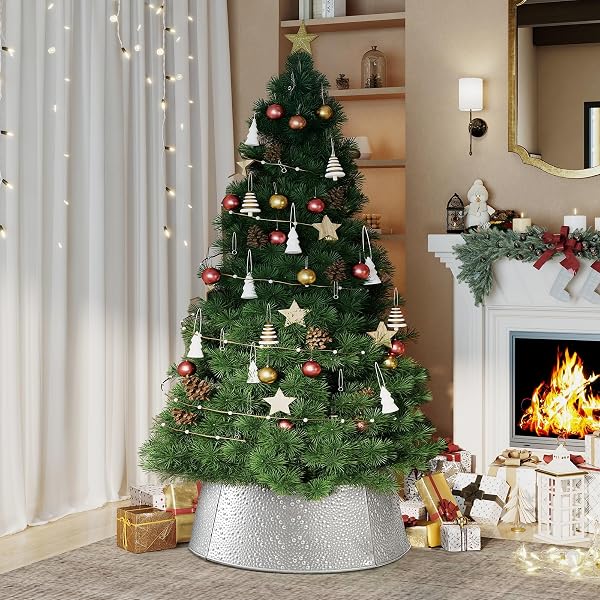 SWEETCRISPY 26INCH METAL CHRISTMAS TREE COLLAR, 4-PANEL BASE COVER FOR 7.5FT ARTIFICIAL TREES, SLIVER