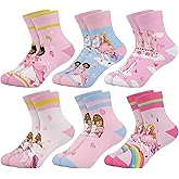 Queenshin Girls Socks Bow Butterfly Princess Castle Printed Pattern Cute Crew Ankle Socks 6 Pairs 3-14Y Kids Birthday Gift