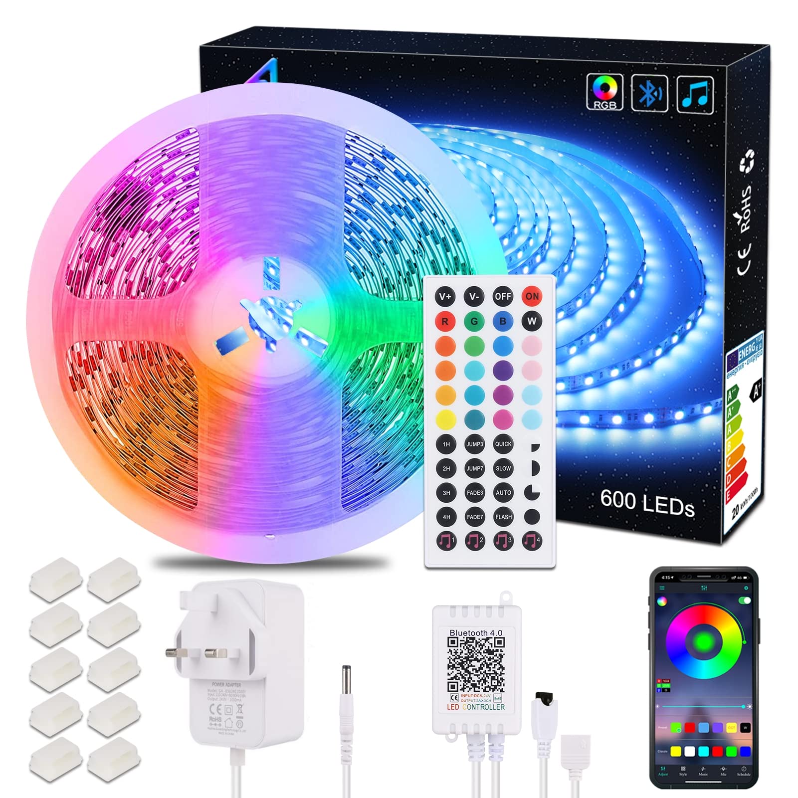 ALED LIGHT 10M 5050 RGB 600Led Color Changing Led Strips with 44 key IR Remote+24V 6A AC UK Plug Adapter Power Supply for Home lighting and Kitchen Decorative