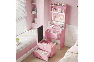 BonVache Small Makeup Vanity Desk with Mirror and 3 Colors Lights, White Vanity Table with Storage Stool,Dressing Table with 