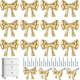 Hotop 15 Pack Gold Bow Dresser Knobs Cabinet Drawer 2 Screws, 1.57 Inch | Aluminum Alloy Bow Handles for Dresser Cabinet, Wire Drawing Finish, Install with 2 Kinds Screws for Different Door Thickness