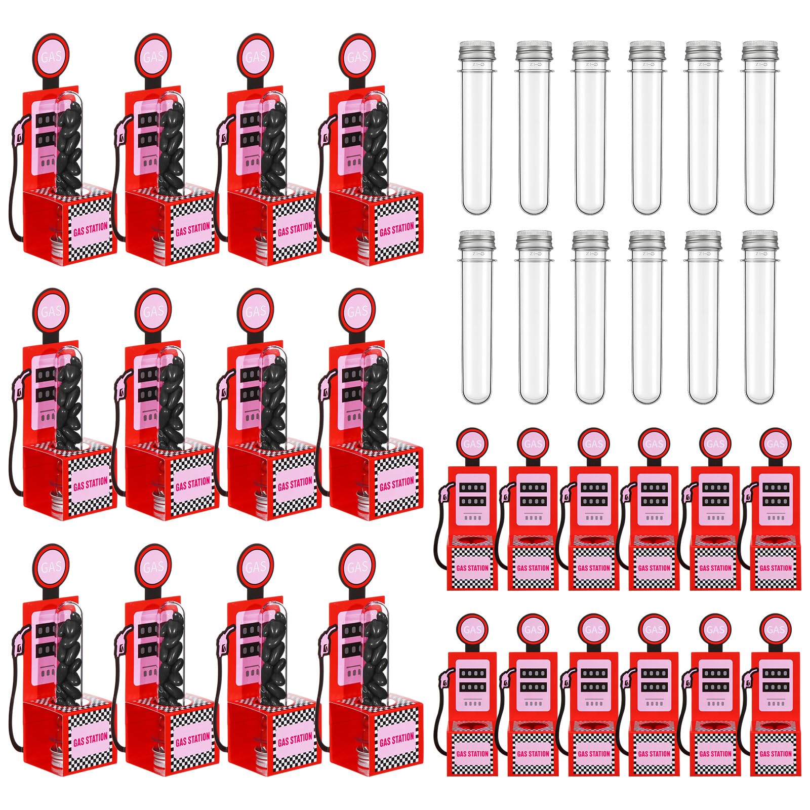 Photo 1 of JolliLudo 12 Pack Gas Station Candy Tubes with Boxes 40 oz Fillable Candy Containers Race Car Party Favors for Dessert Table Decor & Goodie Bag Gifts, Race Car Party Favors Birthday Supplies