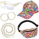 XEPST 80s 90s Hip Hop Accessories for Women Men, 80s 90s Outfits Neon Fanny Pack Hat Sunglasses Gold Chain Earrings