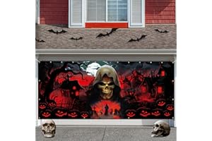 Trgowaul Happy Halloween Decorations, Black Red Garage Door Cover Decorations, Large Halloween Grim Reaper Banner Backdrop, Halloween Outdoor Party Supplies Photography Background Sign(16 * 7 ft)