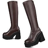 AMINUGAL Womens Elastic Knee High Platform Chunky Block High Heel Sock Boots Zipper Round Toe Fashion Motorcycle Combat Punk Boots For Women