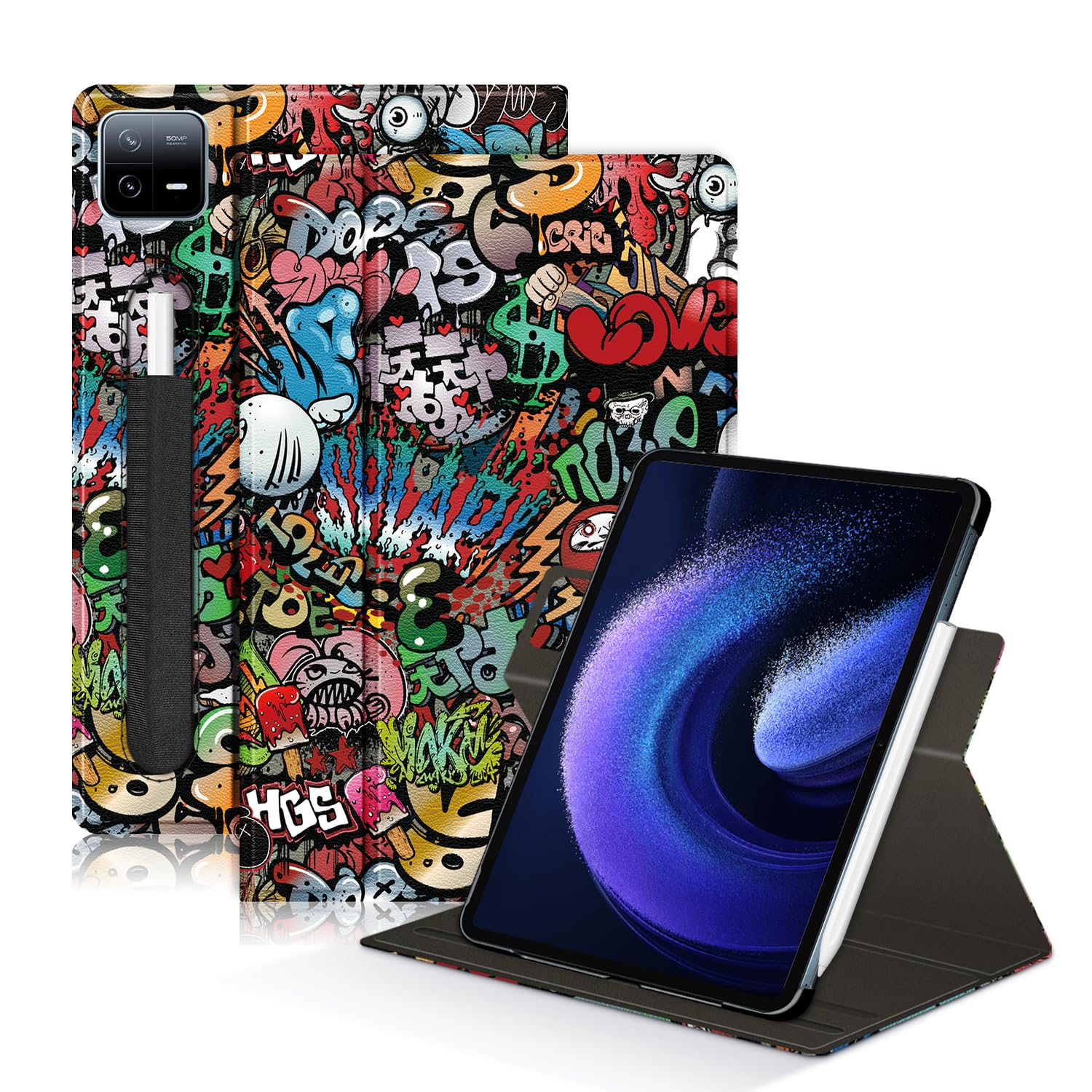 DINGGUAGUA Case Compatible with Xiaomi Pad6/6pro Tablet 11inch Released 2023 Multi-Angle Stand Cover for Mi Pad 6 Pro Tablet 360° Adjustable Swivel,Graffiti