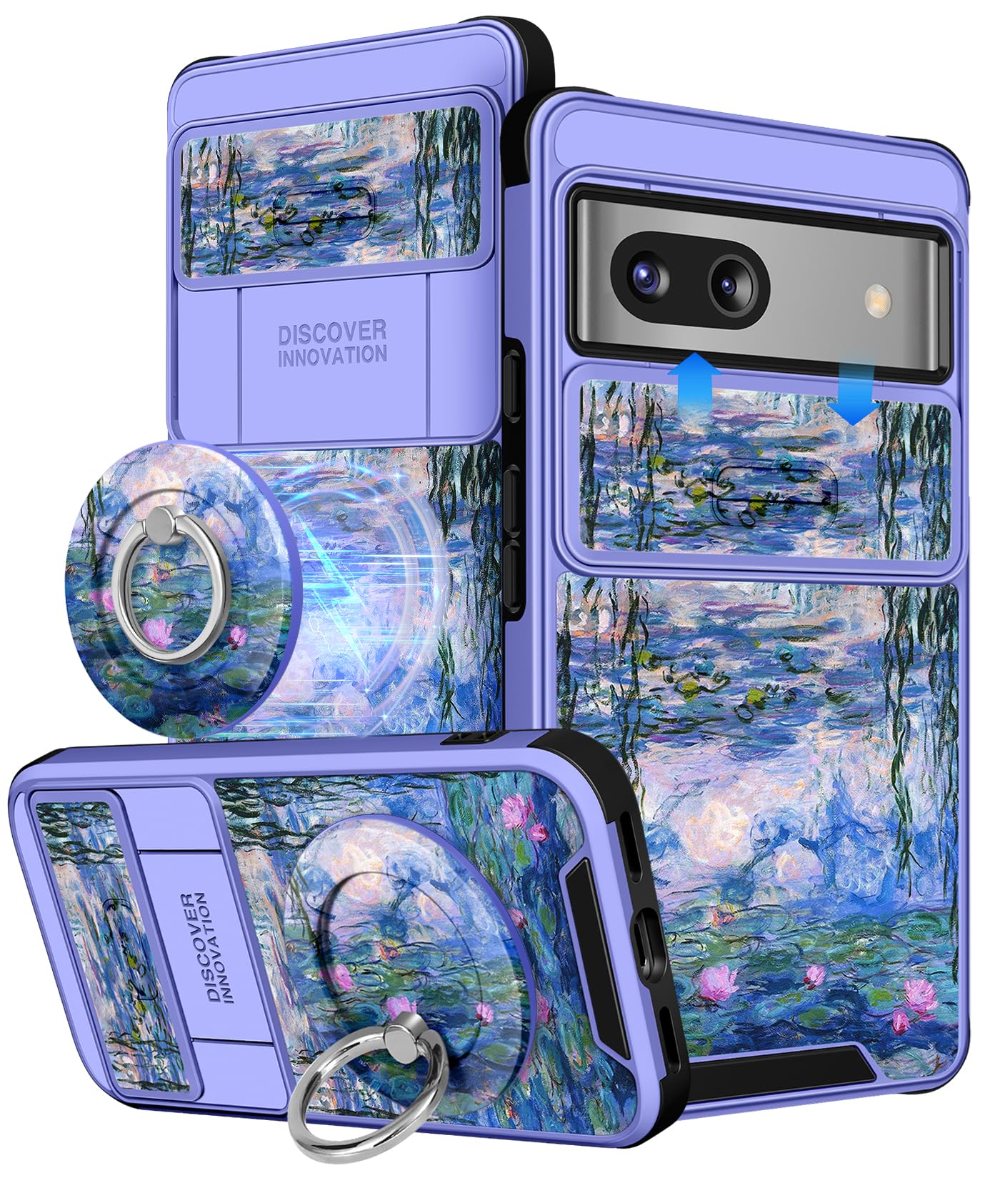 Buleens for Google Pixel 8A Case 6.1 Inch - with Ring Stand & Camera Cover Aesthetic Cute Designed for Women Girls Girly Pretty Kawaii Blue Water Lily for Pixel 8A Phone Case Compatible with Magsafe