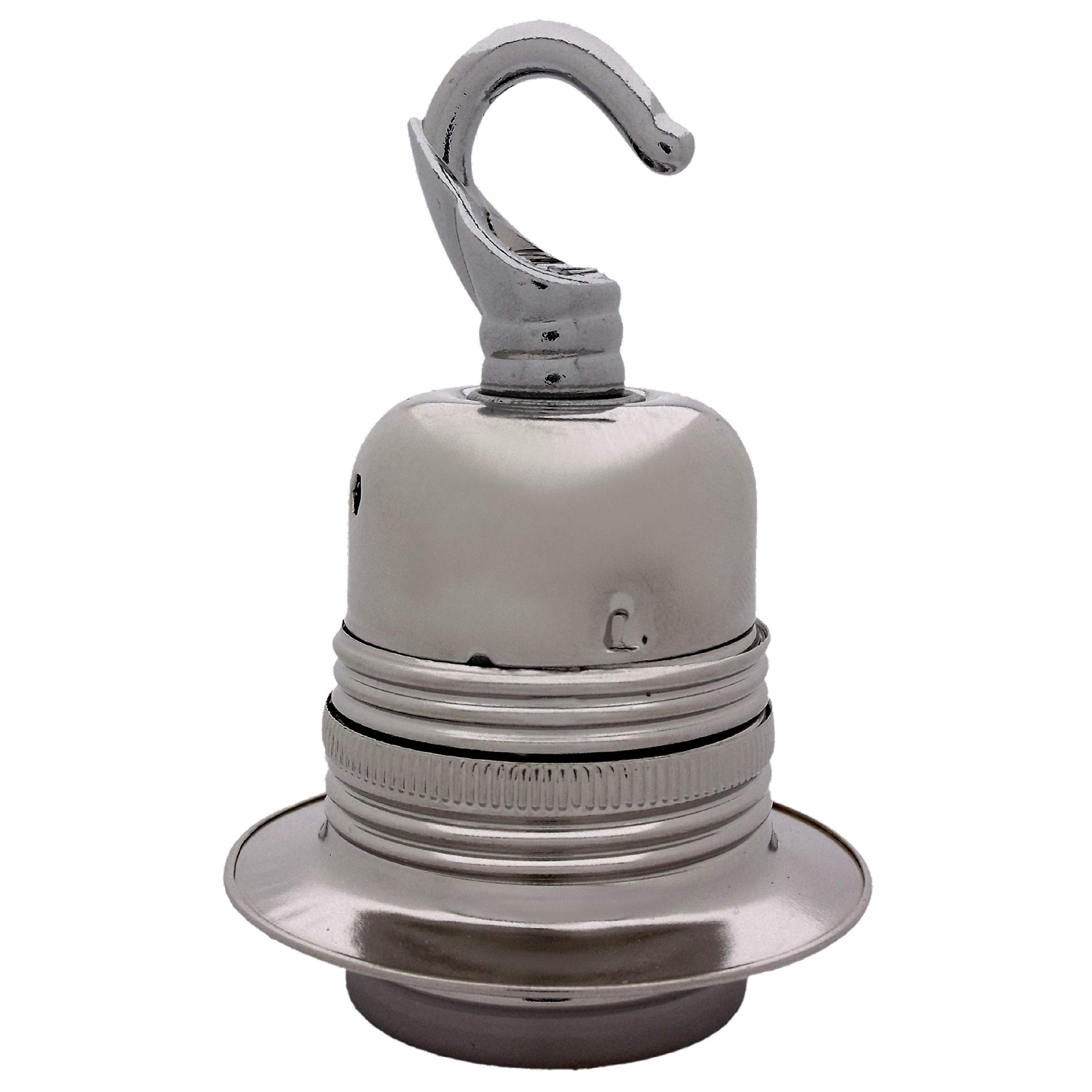 Edison Screw (E27) Metal and Ceramic Earthed Chain use Pendant Lampholder in Silver Nickel Finish with Metal Hook